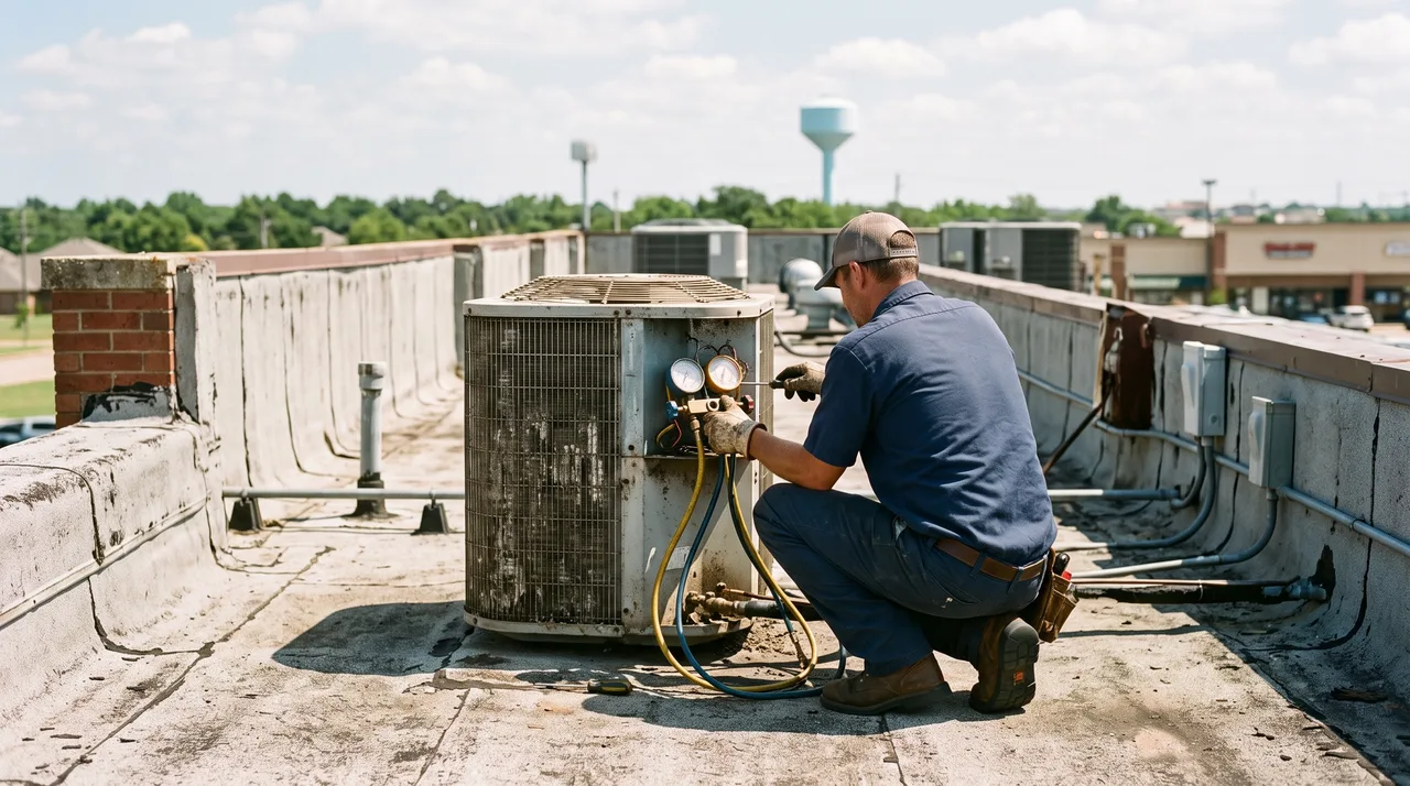 Refrigeration technician on a strip-center rooftop servicing a condensing unit in Edmond, Oklahoma