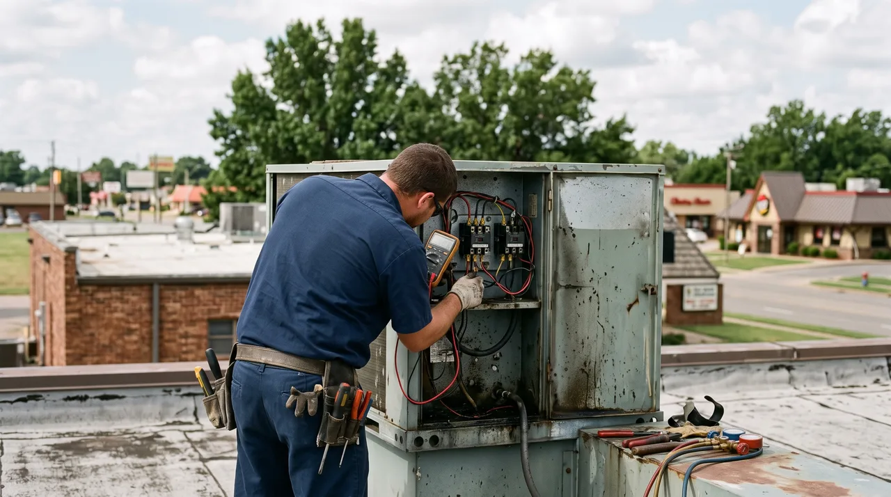 Refrigeration technician checking electrical contactors on a condensing unit behind a mid-century building in Midwest City, Oklahoma