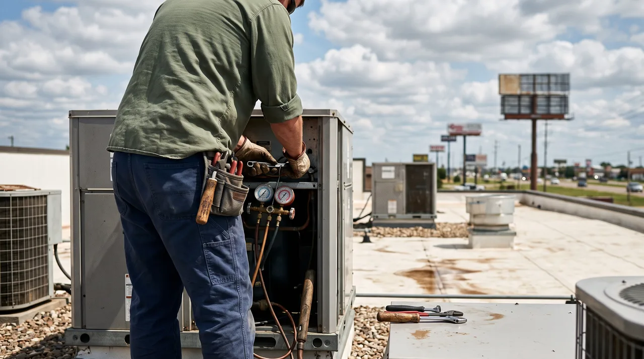 Refrigeration technician servicing a rooftop unit on a newer retail building along the I-35 corridor in Moore, Oklahoma