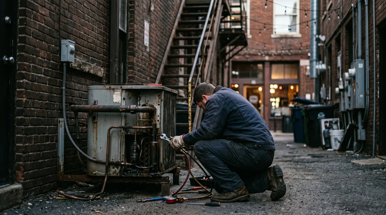 Refrigeration technician servicing a walk-in cooler behind a Campus Corner restaurant in Norman, Oklahoma