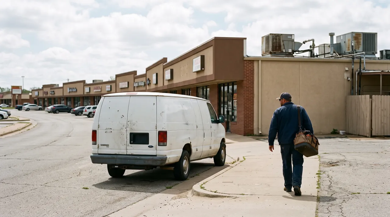 Commercial refrigeration service van on a Greater Oklahoma City metro commercial street near Mustang