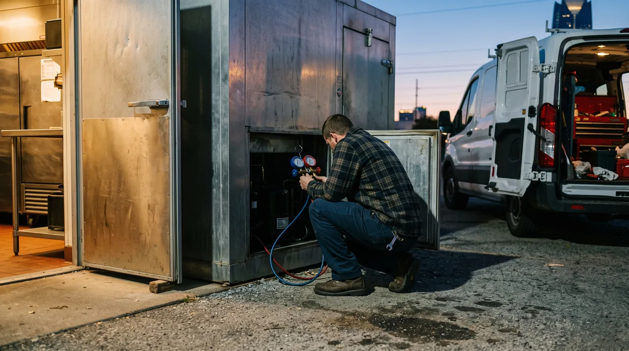 Refrigeration technician connecting a gauge manifold to a walk-in cooler condensing unit behind an Oklahoma City restaurant at dusk