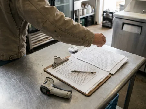 Printed commercial refrigeration preventive-maintenance checklist and temperature log on a clipboard with a thermometer