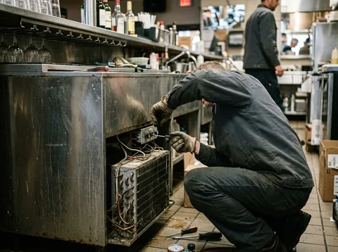 Back-bar bottle coolers and draft tower at a bar