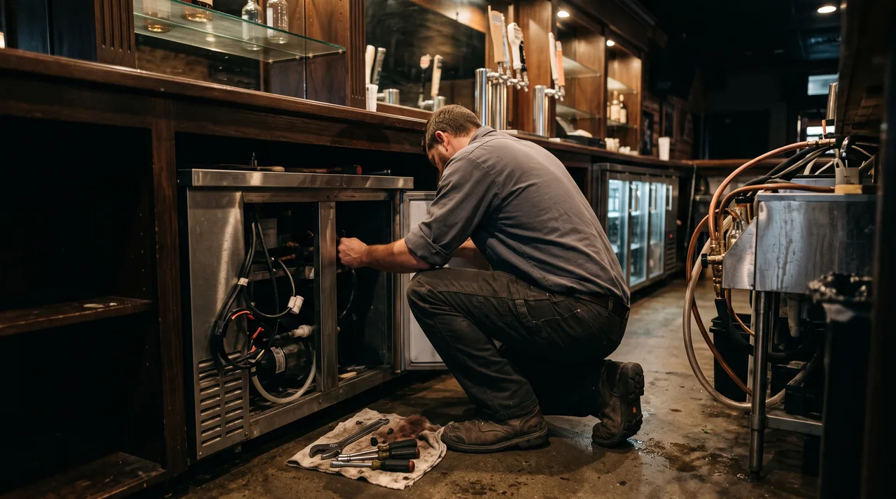 Technician checking glycol bath temperature on a draft beer chiller in an Oklahoma City taproom