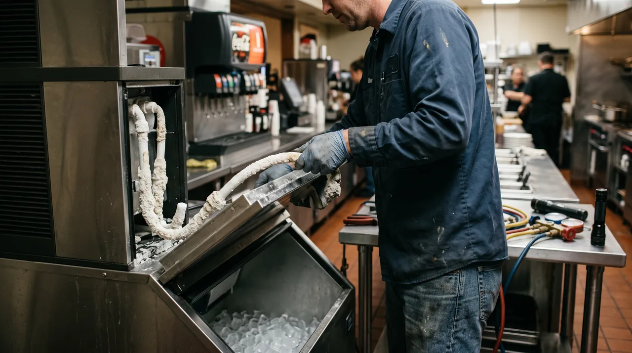 Technician removing a scaled water distribution tube from a Hoshizaki ice machine in an Oklahoma City restaurant