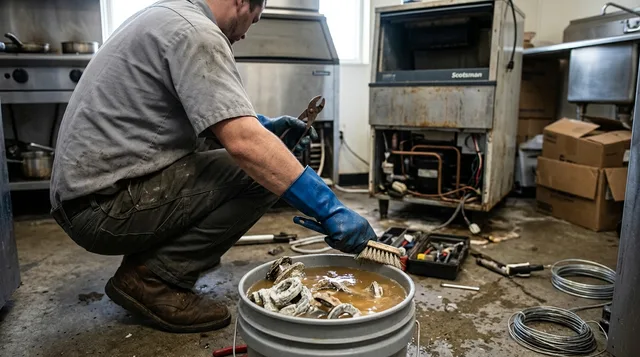 Scaled ice machine parts soaking in a bucket of descaler solution