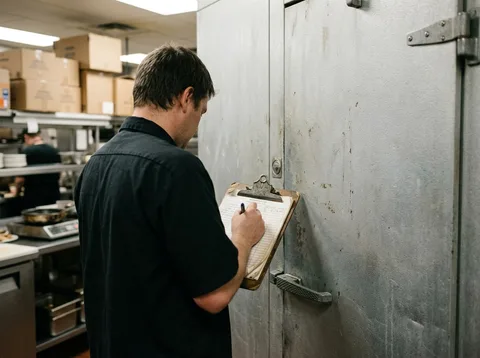 Technician with a clipboard logging temperatures at a walk-in cooler