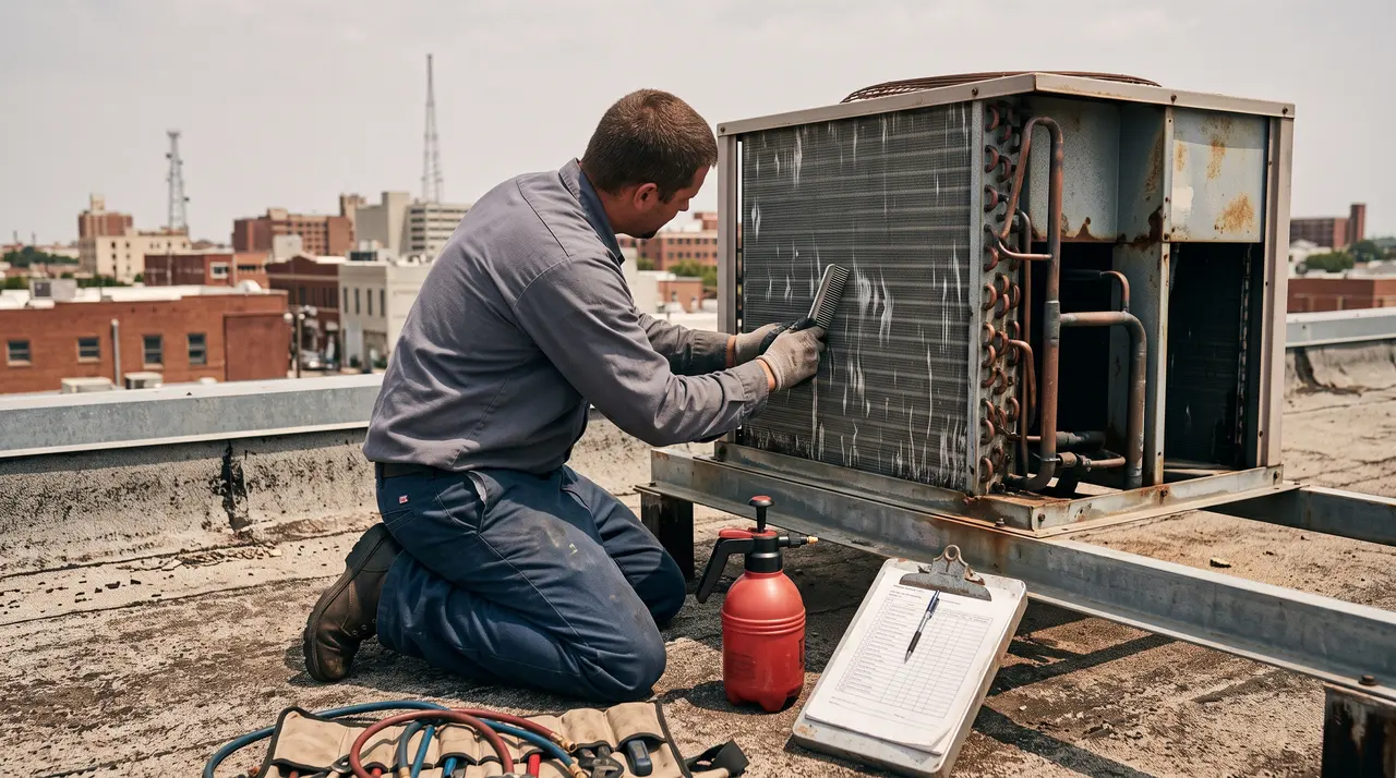 Technician combing a condenser coil clean on a rooftop refrigeration unit during a maintenance visit in Oklahoma City