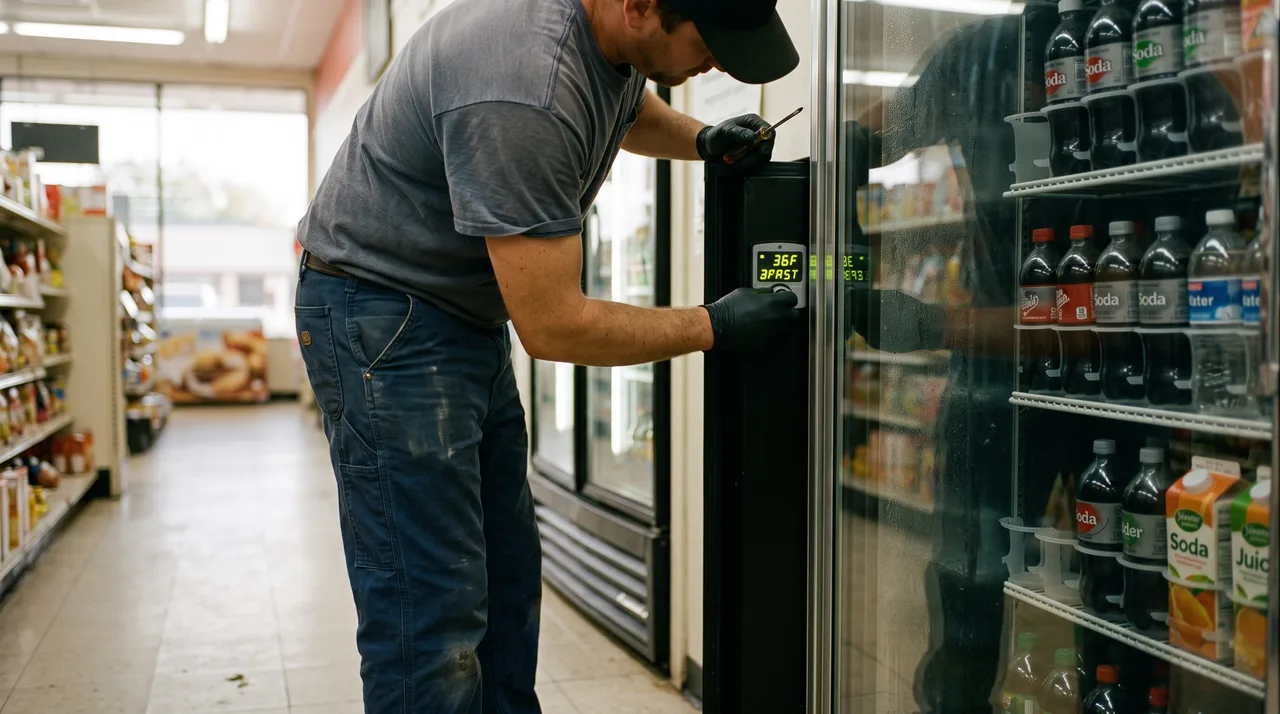 Technician reading the electronic controller on a glass-door beverage merchandiser in an Oklahoma City convenience store
