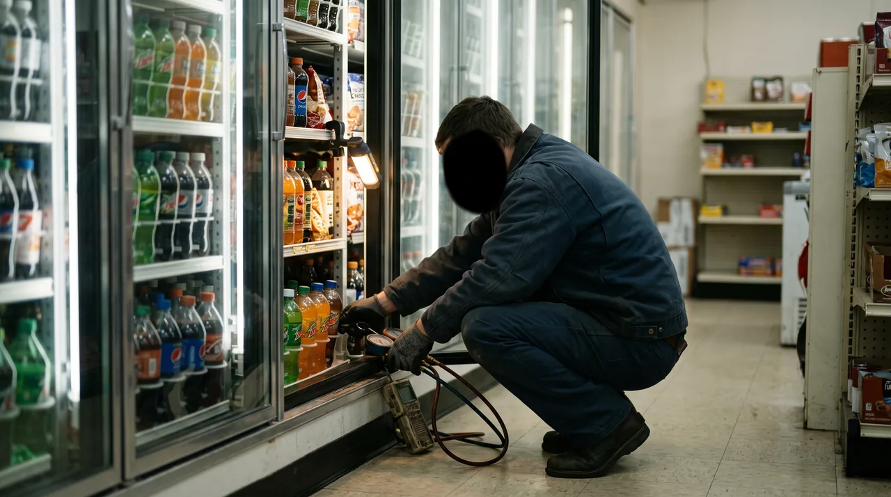 Technician checking a glass-door cooler lineup in an Oklahoma City convenience store