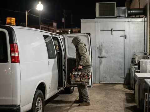 Service van at a loading dock at night for an emergency walk-in cooler call in Oklahoma City
