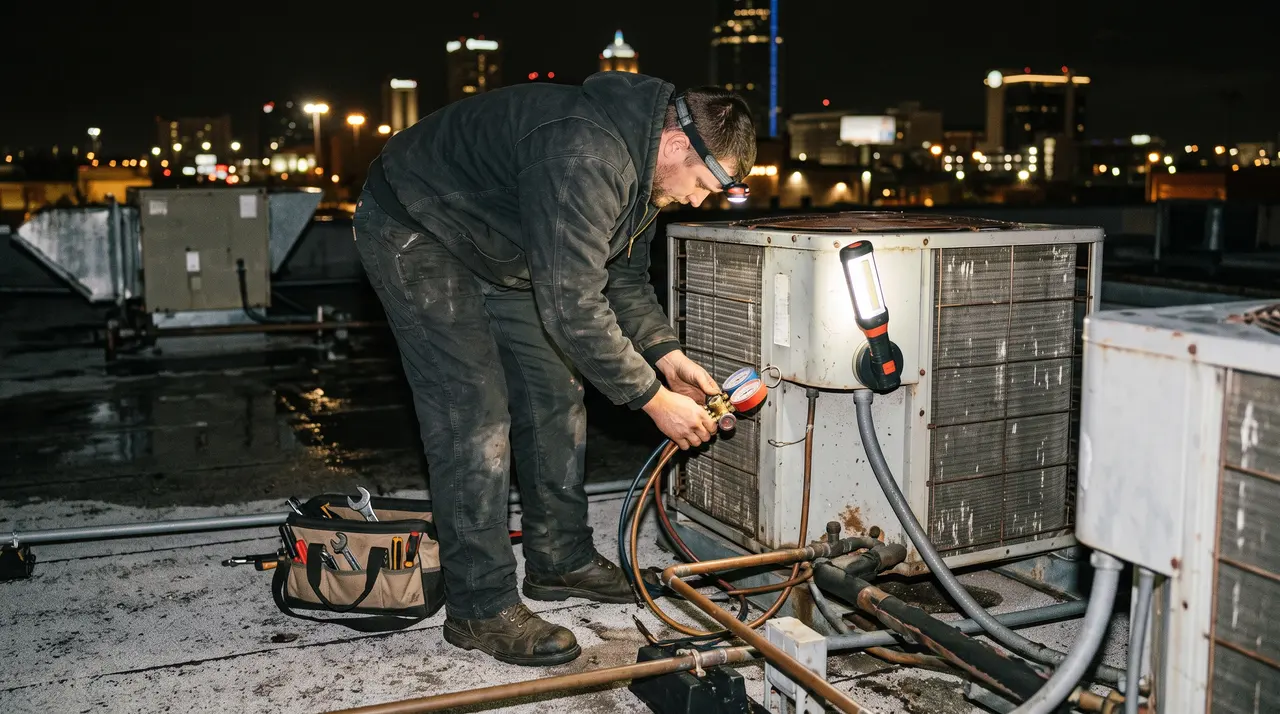 Refrigeration technician checking gauge manifold on a rooftop condensing unit at night behind an Oklahoma City restaurant