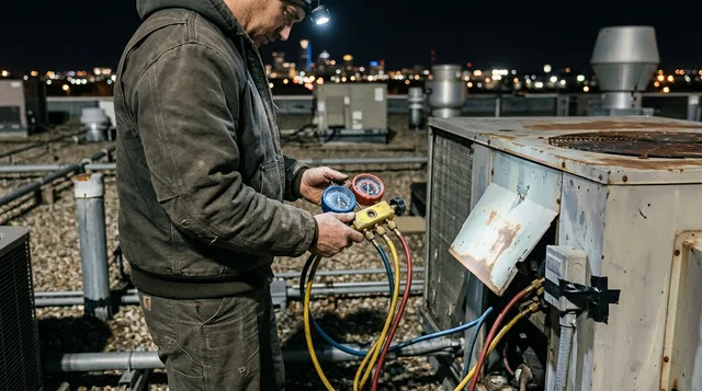 Technician taking gauge-manifold readings on a rooftop refrigeration unit at night in Oklahoma City