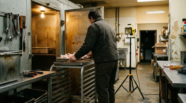 Technician moving trays of raw product from a warm walk-in onto a rolling rack under a work light