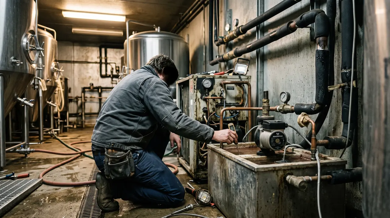 Technician checking a glycol chiller reservoir and circulation pump in an Oklahoma City brewery