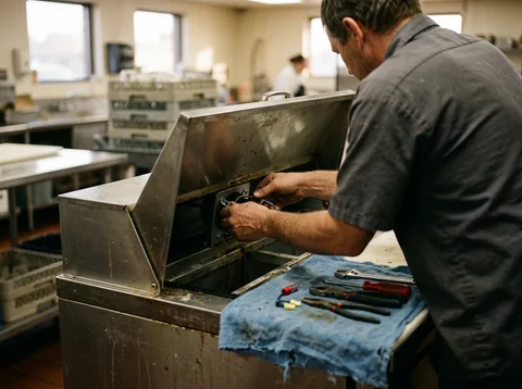Three-door stainless reach-in cooler on a restaurant cook line