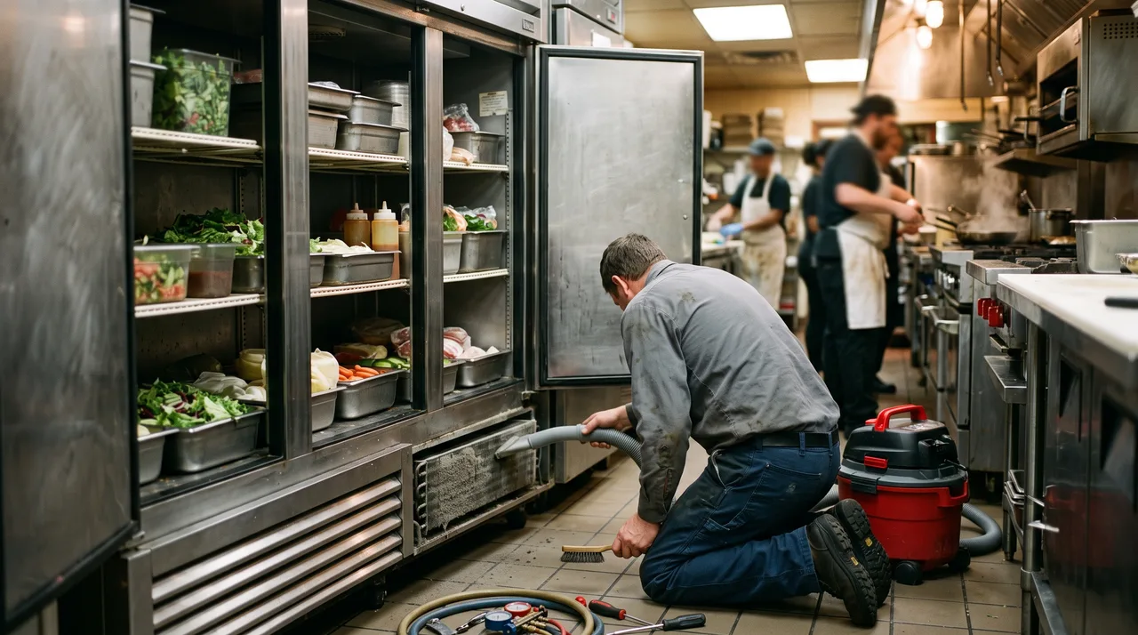 Technician cleaning the dust-packed bottom-mount condenser of a stainless reach-in cooler in an Oklahoma City kitchen