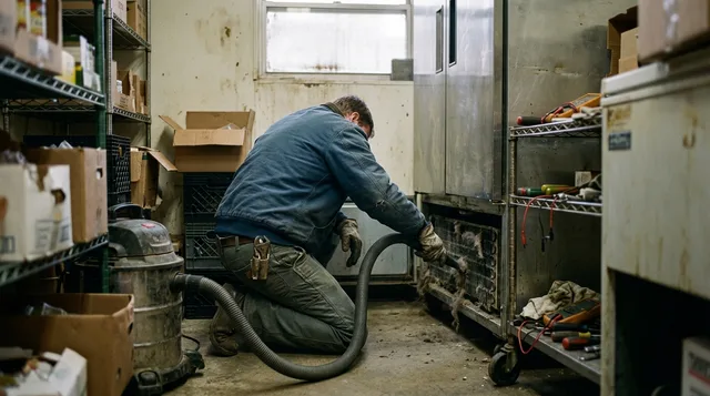 Vacuuming a mat of dust and lint out of a bottom-mount reach-in condenser