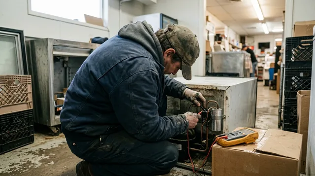 Testing a compressor start capacitor and relay at the back of an undercounter cooler