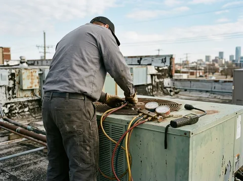 Gauge manifold and electronic leak detector on top of a condensing unit