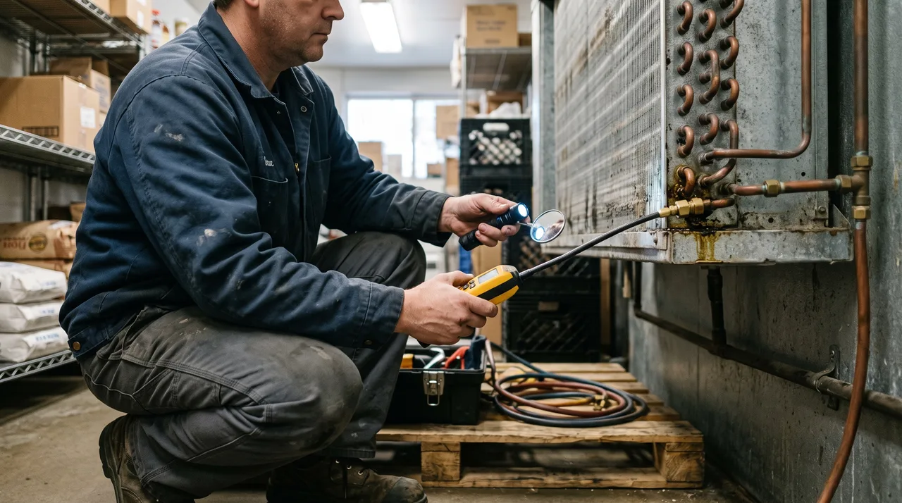 Technician using an electronic refrigerant leak detector along the flare fittings of a walk-in cooler evaporator in Oklahoma City
