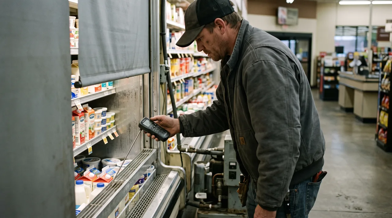 Technician checking discharge air temperature at the air curtain of an open multideck grocery case in Oklahoma City