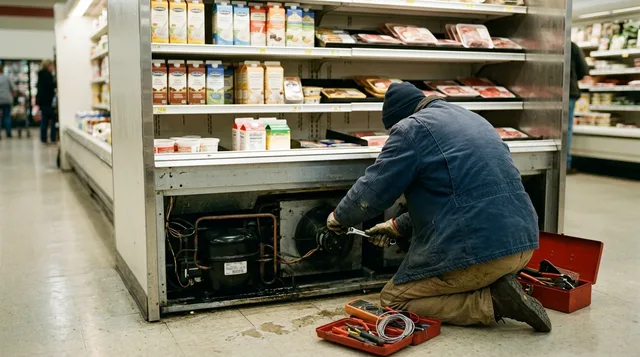 Replacing an evaporator fan in the base of an open multideck grocery case