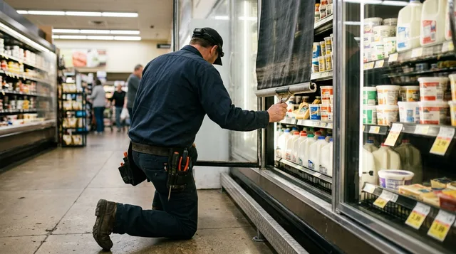 Pulling a night curtain over an open grocery case and checking it tracks correctly