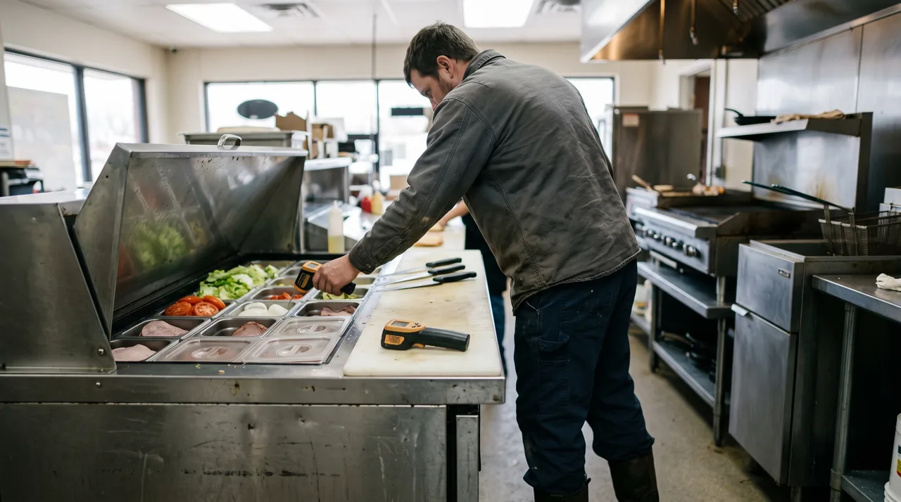 Technician measuring the pan rail temperature on a refrigerated sandwich prep table in an Oklahoma City kitchen