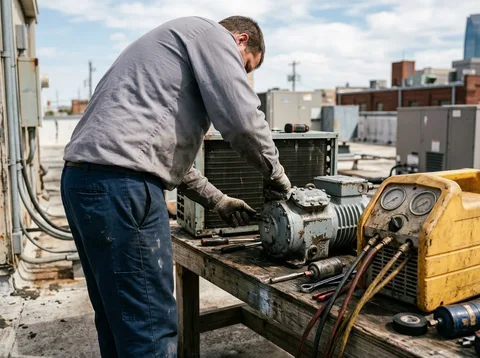 Semi-hermetic refrigeration compressor removed from a condensing unit on a shop bench