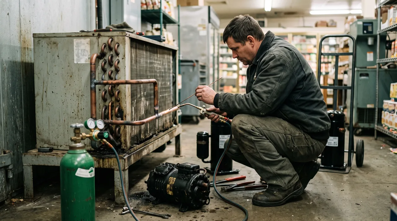 Technician brazing a suction line during a compressor changeout on a walk-in cooler condensing unit in Oklahoma City