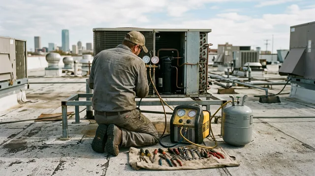 A recovery machine and refrigerant cylinder connected to a condensing unit during recovery