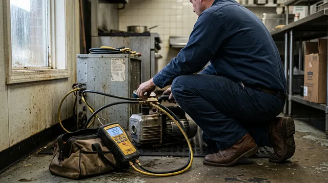 A micron gauge on a vacuum pump reading a deep vacuum during evacuation