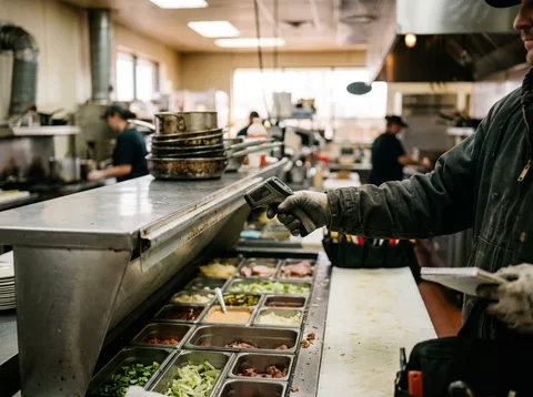 Restaurant cook line with refrigerated prep table and reach-in coolers