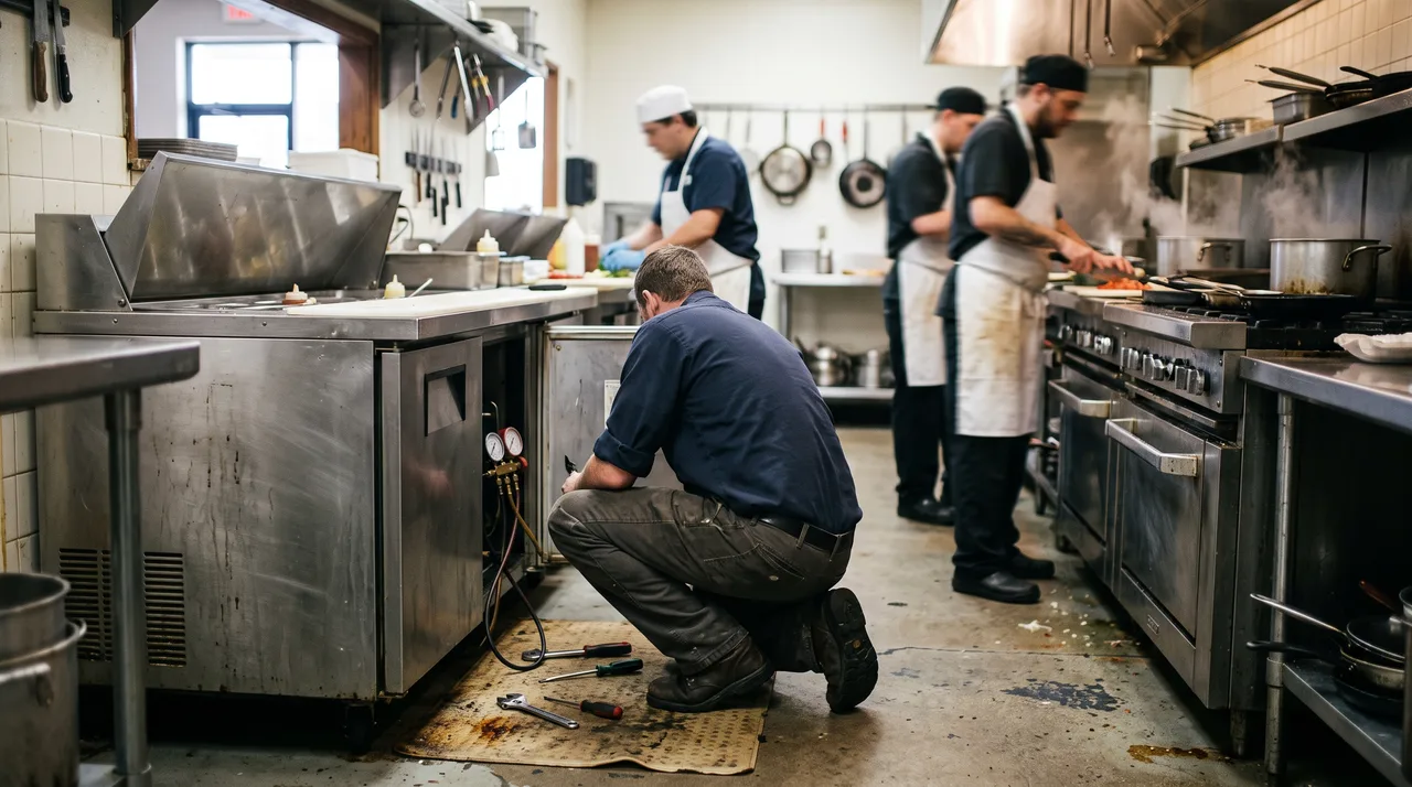 Technician servicing a refrigerated sandwich prep table on a busy Oklahoma City restaurant cook line
