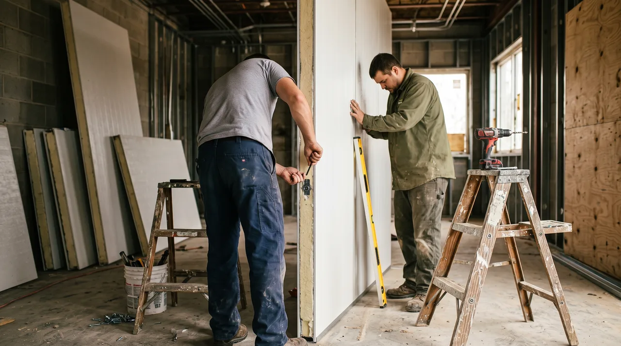 Two technicians setting insulated panels for a new walk-in cooler in an Oklahoma City restaurant buildout