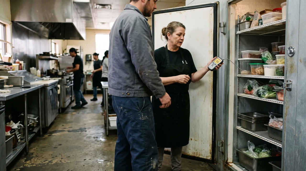 Technician with a temperature probe and gauge manifold diagnosing a warm walk-in cooler at an Oklahoma City restaurant