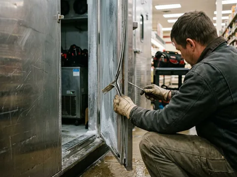 Stainless walk-in cooler door with worn gasket in a commercial kitchen