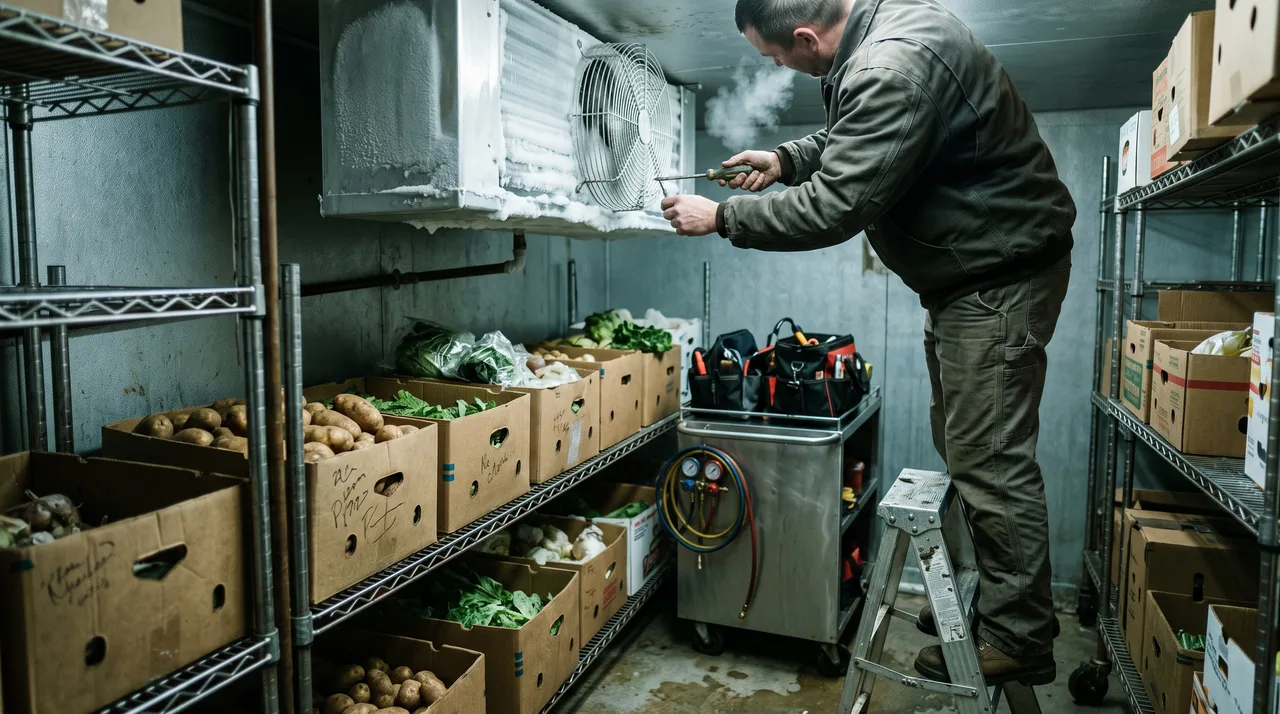 Technician removing the fan guard on a walk-in cooler evaporator to inspect an iced coil at an Oklahoma City restaurant