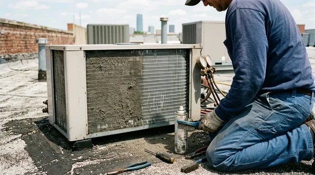 Cleaned and still-dirty sections of a walk-in cooler condenser coil side by side after brushing