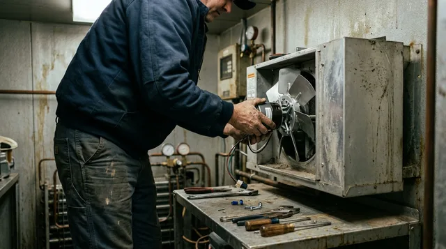 Hands fitting a new evaporator fan motor and blade into a walk-in cooler evaporator housing