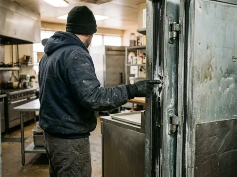 Walk-in freezer door with heavy frost on the frame and hinges