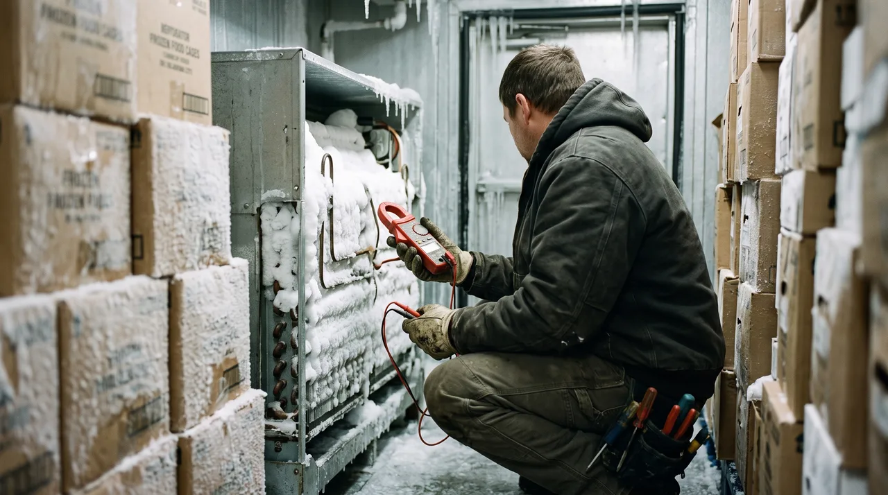 Technician testing defrost heater amp draw on a walk-in freezer evaporator packed with ice in Oklahoma City