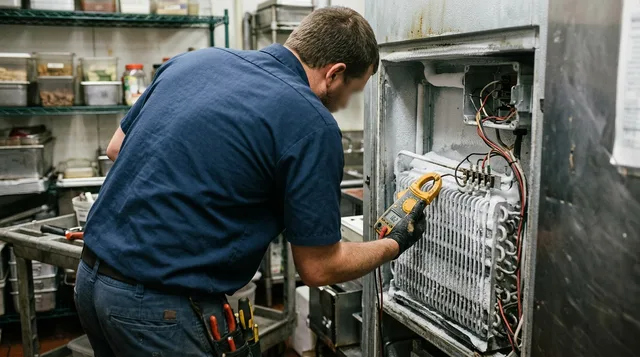 Clamp meter reading defrost heater amperage at a frosted walk-in freezer evaporator