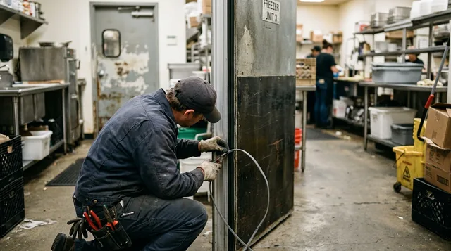 Installing new perimeter heater wire into the channel of a walk-in freezer door frame