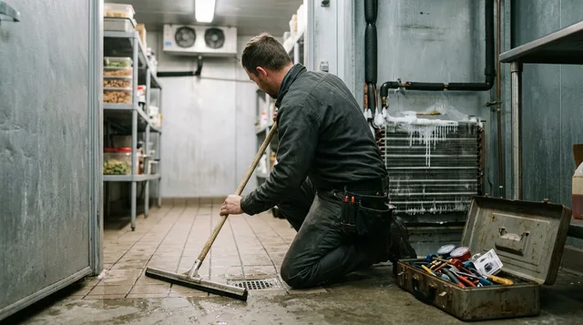 Squeegeeing meltwater to the drain after safely clearing an iced walk-in freezer coil